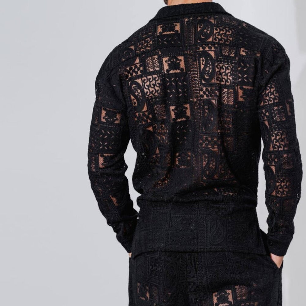 ORTTU Black Sheer Lace Casual Button Down Shirt